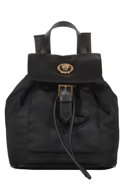 Versace Logo Detail Nylon Backpack In Black