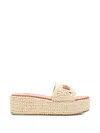 Versace Logo-embellished Raffia Platform Slides In Neutral
