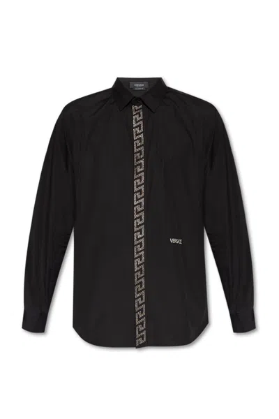 Versace Logo Detailed Embellished Shirt In Black