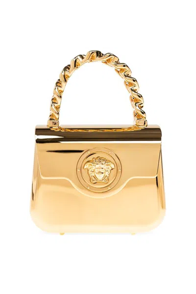 Versace Logo Detailed Mini Tote Bag In 金色