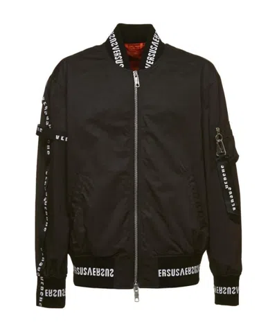 Versace Logo Details Baseball Jacket In Black