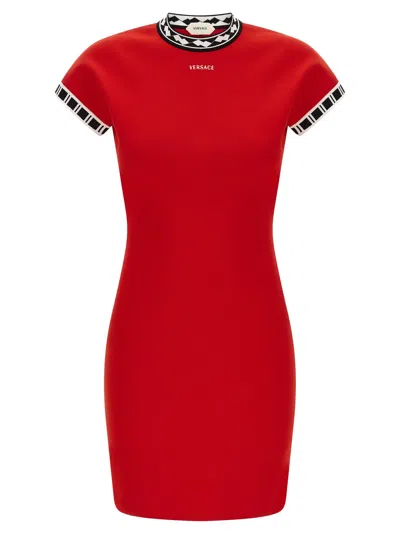 Versace Logo-embroidered Cotton Mini Dress In Red