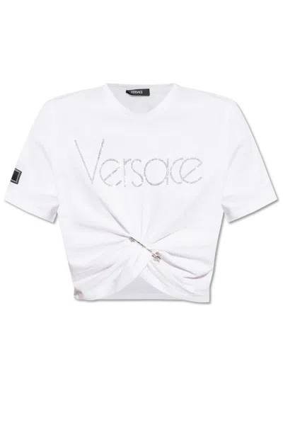 Versace Logo-embellished Crewneck Cropped T-shirt In White