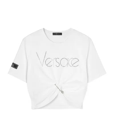 Versace Logo-embellished Cropped Cotton T-shirt In White