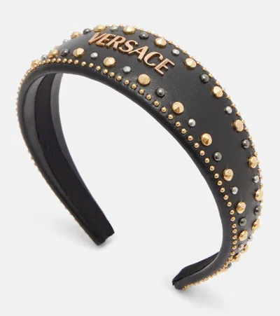 Versace Logo Embellished Leather Headband In Black