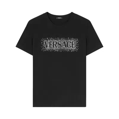 Pre-owned Versace Logo Embellished T-shirt 'black/crystal' | Women's Size 42