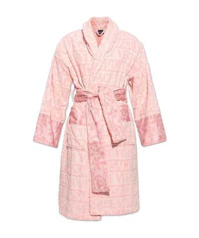 Versace Logo-embossed Cotton Bath Robe In Pink