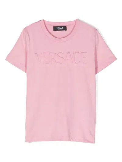 Versace Kids' Logo-embossed Cotton T-shirt In Pink
