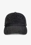 Versace Logo Embossed Denim Baseball Cap In Gray