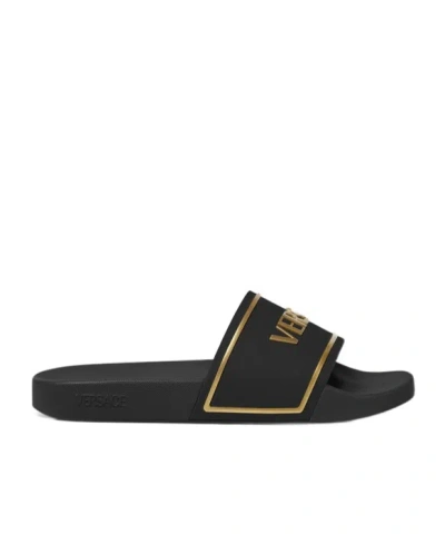 VERSACE VERSACE LOGO-EMBOSSED OPEN-TOE SLIDES
