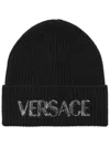 Versace Logo-embroidered Beanie In Black