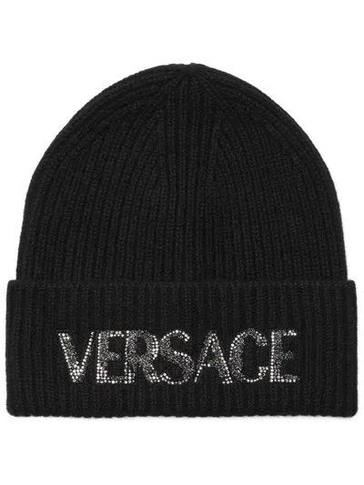 Versace Logo-embroidered Beanie In Black