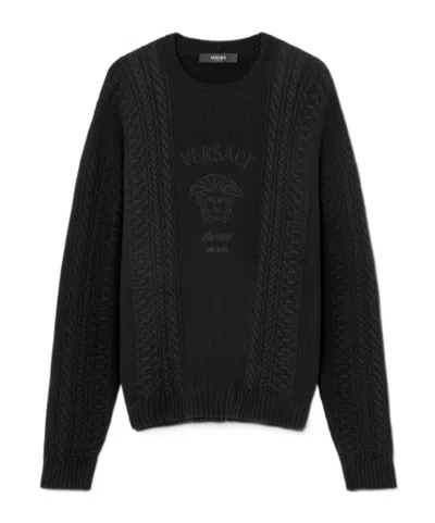 Versace Logo-embroidered Cable-knit Jumper In Black