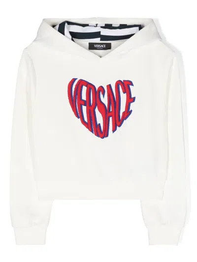 Versace Kids' Logo-embroidered Cotton Hoodie In White