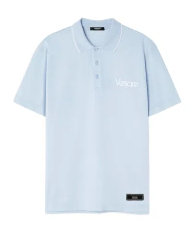 Versace Logo-embroidered Cotton Polo Shirt In Blue