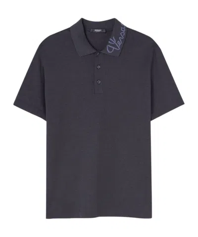 Versace Logo-embroidered Cotton Polo Shirt In Gray