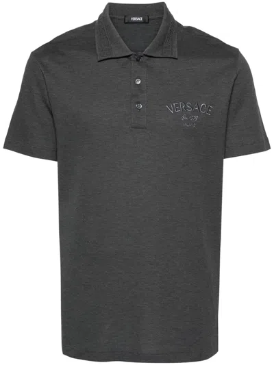Versace Logo-embroidered Cotton Polo Shirt In Grey