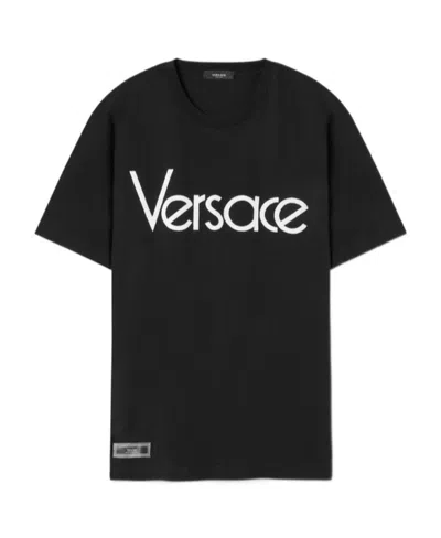 Versace Logo-embroidered Crewneck T-shirt In Black