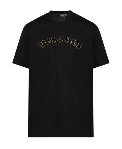 Versace Logo-embroidered Cotton T-shirt In Black