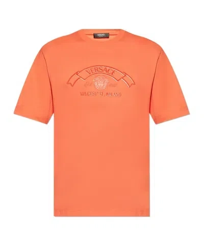 Versace Logo-embroidered Cotton T-shirt In Orange