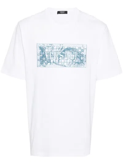 Versace Logo-embroidered Cotton T-shirt In White