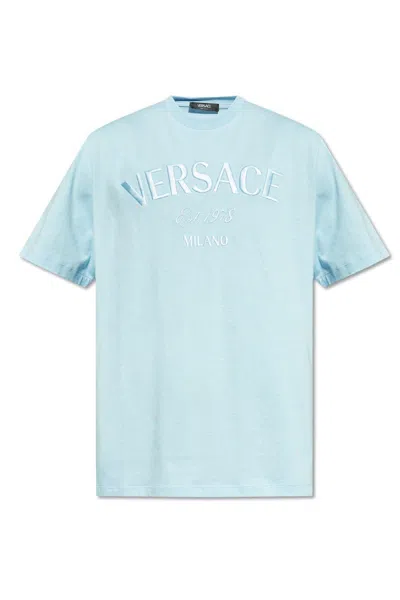 Versace Logo-embroidered Crewneck T-shirt In Azure