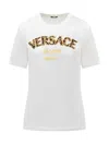 Versace Logo-embroidered Crewneck T-shirt In White-multicolor