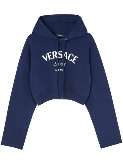 Versace Logo-embroidered Drawstring Cropped Hoodie In Blue