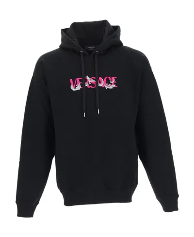 Versace Logo-embroidered Drawstring Hoodie In Black