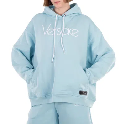 Versace Logo-embroidered Drawstring Hoodie In Blue