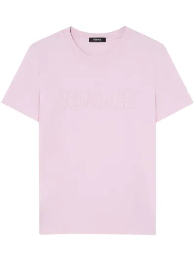 Versace Fringed Logo T-shirt For Casual Style In Pink