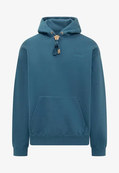 Versace Logo-embroidered Hoodie With Medusa Head Detail In Blue