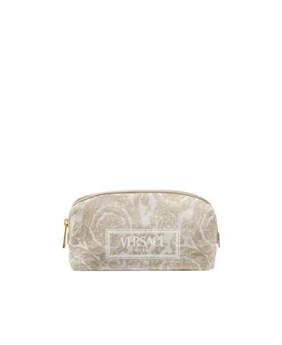 Versace Logo-embroidered Jacquard Zip-up Toiletry Bag In Nude