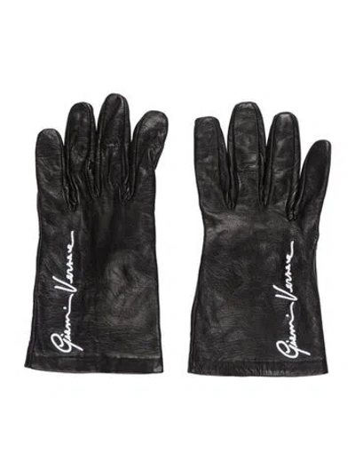 Pre-owned Versace Logo Embroidered Leather Gloves In Black
