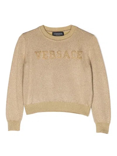 Versace Kids' Logo-embroidered Metallic-threading Jumper In Gold