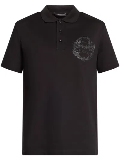 Versace Logo-embroidered Polo Shirt In ブラック
