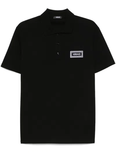 Versace Logo-embroidered Polo Shirt In Black