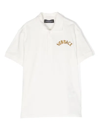 Versace Kids' Boy's Logo-print Pique Polo Shirt In Whitegold