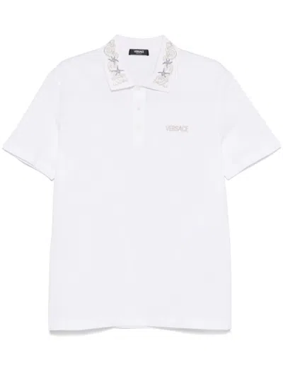Versace Logo-embroidered Polo Shirt In White