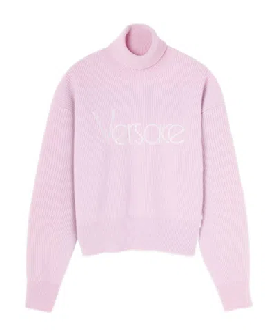 Versace Logo-embroidered Ribbed Jumper In Pink
