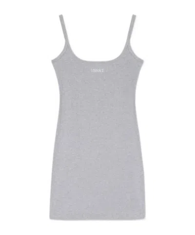 Versace Logo Embroidered Ribbed Mini Dress In Gray