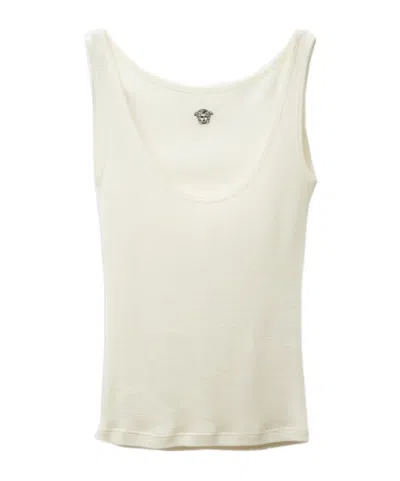 Versace Logo Embroidered Ribbed Tank Top In White