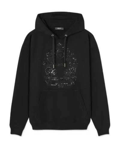 Versace Logo-embroidered Sequinned Hoodie In Black