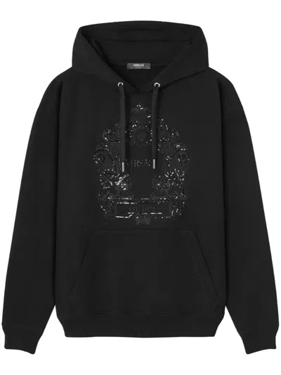 Versace Logo-embroidered Sequinned Hoodie In Black