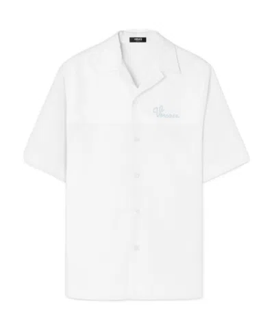 Versace Logo-embroidered Short-sleeve Shirt In White