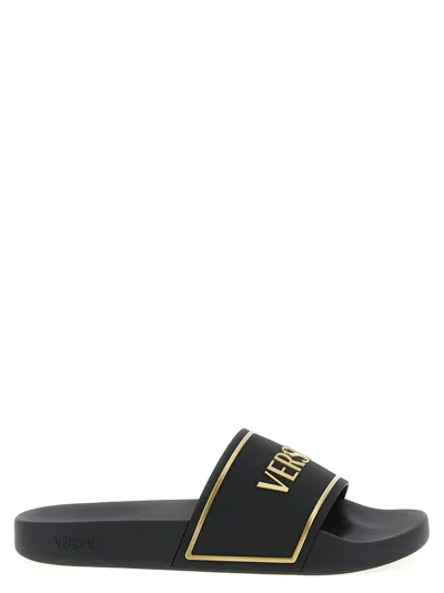 Versace Logo Embroidered Slides In Black