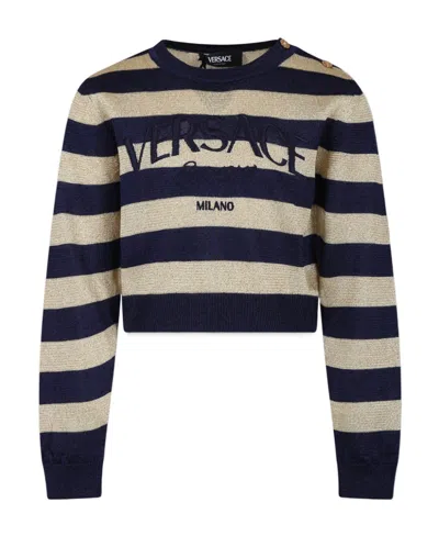 Versace Logo-embroidered Striped Jumper In Black