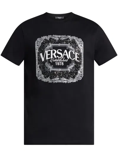 Versace Logo-embroidered T-shirt In Black