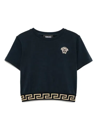 Versace Kids' Logo-embroidered T-shirt In Blue