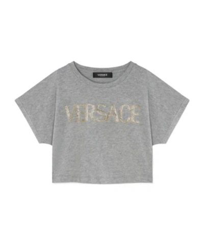 Versace Logo-embroidered T-shirt In Gray
